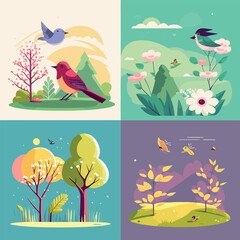 Spring has come, seasonal background feeling the warmth of spring, birds, flowers, nature, season flat illustration