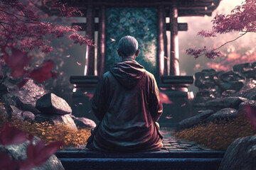 Meditation: Meditating monk in a calm atmosphere with a beautiful landscape | Generative AI Production - obrazy, fototapety, plakaty