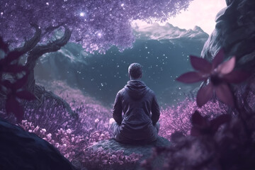 Meditation: Meditating monk in a calm atmosphere with a beautiful landscape | Generative AI Production