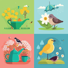 Spring has come, seasonal background feeling the warmth of spring, birds, flowers, nature, season flat illustration