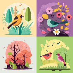 Spring has come, seasonal background feeling the warmth of spring, birds, flowers, nature, season flat illustration