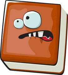Book character. Cartoon brown paper book character isolated on white background. Funky book character with eyes and mouth. Vector brown book clip art, emoji, label and sticker