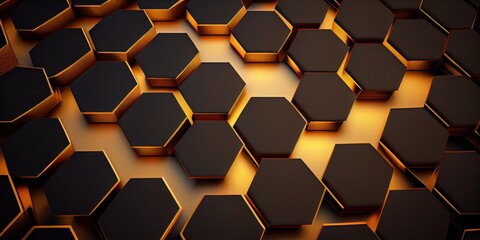 Black and Gold hexagons background pattern 3D render. Generative AI