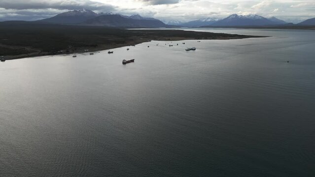Aerial Drone Fly Above Puerto Natales Water Coast Antarctic Chilean Region Landscape of Dreamy South Calm Patagonia