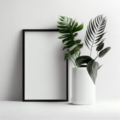 Empty vertical frame mockup in modern minimalist interior with plant in trendy vase on white wall background, Black frame template for artwork, painting, photo or poster 