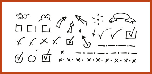 Super set of hand drawn check mark with various arrows, lines and shapes. Scribble. Hand drawn icon set vol 10. Vector illustration