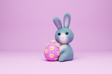 Easter cute Bunny with egg on light pink background. 3d rendering