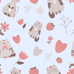 Hand drawn vector illustration, seamless pattern, cute characters,pets,cats,kitten,cat,cat,cats,drawn in a modern,cartoon doodle style.On a blue background.Print for textiles,web design,social network