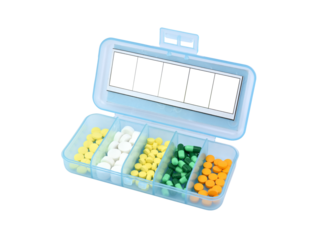 open weekly pill organizer box with assorted medications and blank information label isolated on transparent