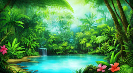 AI Digital Illustration Magical Tropical Landscape
