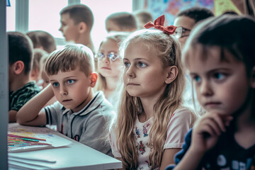 Fototapeta premium Young Students Engaged in Learning: A Classroom Scene with Children Focused on Their Studies and Interacting with Their Teachers, ai generative