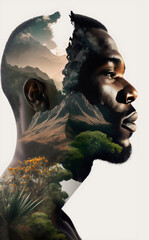 double exposure portrait of poc man and beautiful landscape made with generative ai