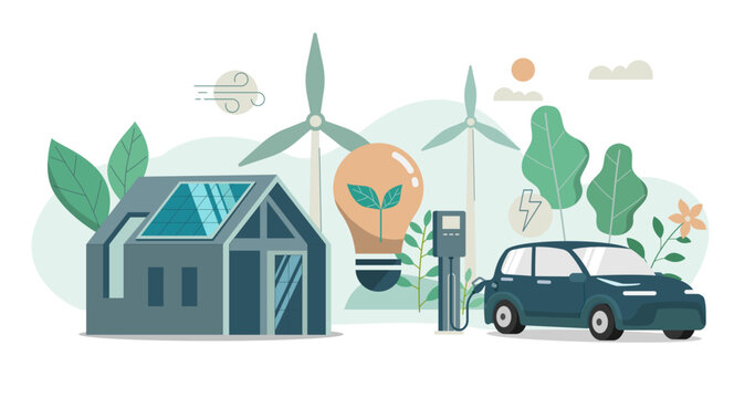Modern ecology house and solar energy panels, Wind turbines generate electricity, Electric car charging station,
Renewable energy sources concept, Vector design illustration.