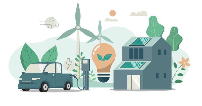 Modern ecology house and solar energy panels, Wind turbines generate electricity, Electric pickup charging station,
Renewable energy sources concept, Vector design illustration.