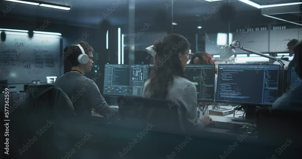 Aufkleber Group of Empowered Multicultural Men and Women Working in a Research Center, Using Computers to Run Advanced Software and Develop Artificial Intelligence Interface. Static Footage from the Back