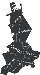 Dark gray flat vector administrative map of BRUGES, BELGIUM with name tags and black border lines of its suburbs