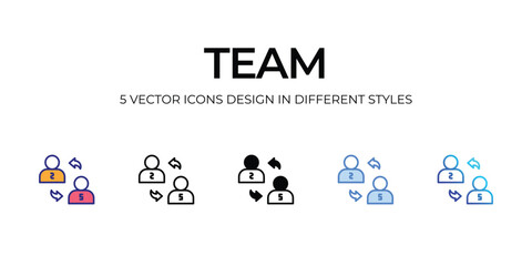 team Icon Design in Five style with Editable Stroke. Line, Solid, Flat Line, Duo Tone Color, and Color Gradient Line. Suitable for Web Page, Mobile App, UI, UX and GUI design.