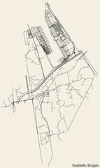 Detailed hand-drawn navigational urban street roads map of the DUDZELE SUBURB of the Belgian city of BRUGES, Belgium with vivid road lines and name tag on solid background