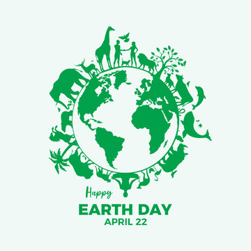 Happy Earth Day poster with animals and plants vector illustration. Green Planet Earth with fauna and flora icon. Environmental graphic design element. Wild animals silhouette vector. April 22