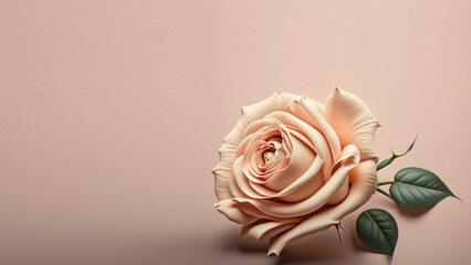 A pink rose sits on a table with a green stone. Generative AI
