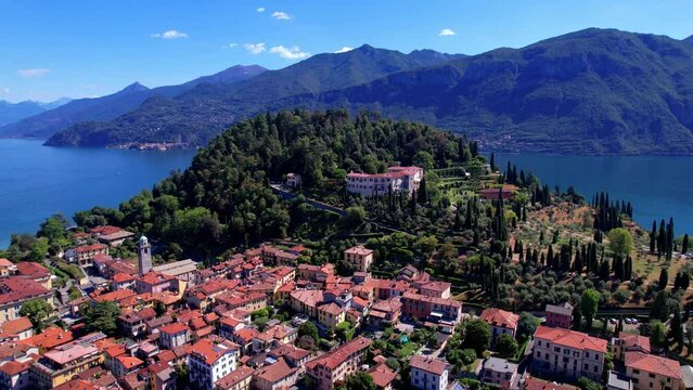 One of the most beautiful lakes of Italy - Lago di Como. aerial drone video of beautiful Bellagio town, popular tourist attraction
