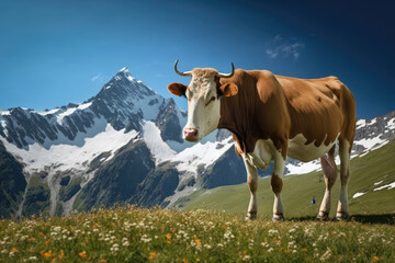 Fototapeta na wymiar Cow grazing in an alpine meadow, Generative AI