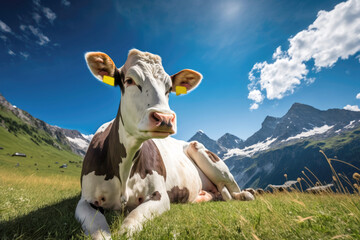Cow grazing in an alpine meadow, Generative AI - obrazy, fototapety, plakaty