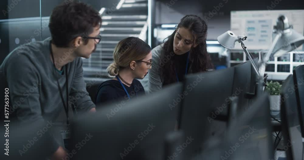 Poster Group of Empowered Multicultural Specialists Working in a Research Center, Using Computer to Collaborate on Advanced Software, Develop Artificial Intelligence Interface and Cloud-Based Blockchain