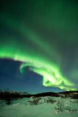 imagen de un paisaje natural nocturno nevado, con una aurora boreal en el cielo nocturno de Islandia 