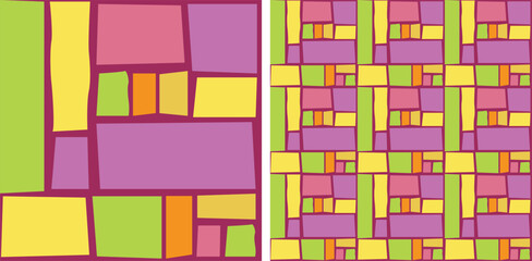 Summer bright wallpaper. Holiday abstract shapes square seamless background, repeatable pattern. Birthday wallpaper, Christmas present, print tiles. Simple puzzle backdrop, geometric texture, squares.