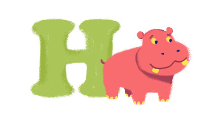 Cute, funny hippopotamus and the letter H.