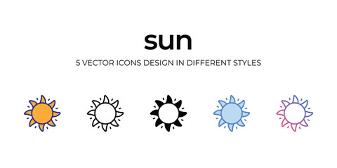 sun Icon Design in Five style with Editable Stroke. Line, Solid, Flat Line, Duo Tone Color, and Color Gradient Line. Suitable for Web Page, Mobile App, UI, UX and GUI design.