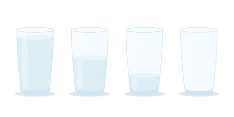 Set of glasses with water on a white background. Full, half and empty soda glass.