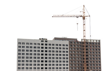 Fototapeta na wymiar Construction of multi-storey buildings with a tower crane on a white isolated background.