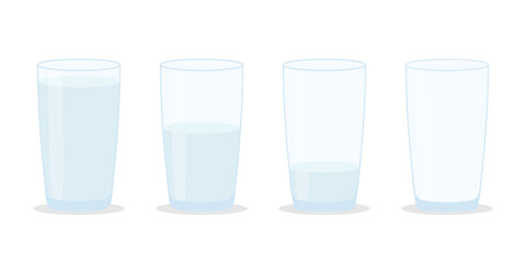 Set of glasses with water on a white background. Full, half and empty glass.