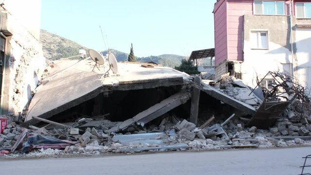 Hatay Turkiye Earthquake, the most famous street of Antakya with buildings destroyed and damaged in the earthquake