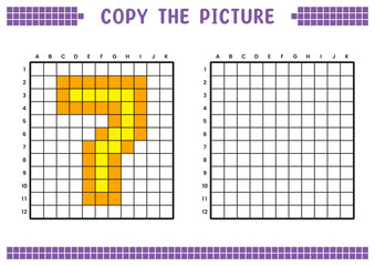 Copy the picture, complete the grid image. Educational worksheets drawing with squares, coloring cell areas. Preschool activities, children's games. Cartoon vector illustration, pixel art. Number 7.