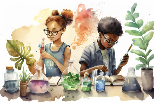 watercolor painting of poc girl and boy doing scientific experiments created with generative ai