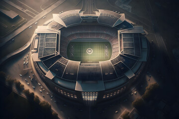 Close-up of American Football on Field with Stadium in Background, Super Bowl Game. Generative AI