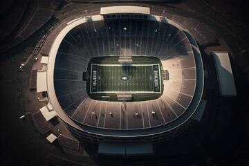 Close-up of American Football on Field with Stadium in Background, Super Bowl Game. Generative AI
