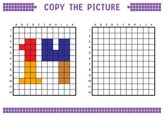 Copy the picture, complete the grid image. Educational worksheets drawing with squares, coloring cell areas. Preschool activities, children's games. Cartoon vector illustration, pixel art. Number 14.