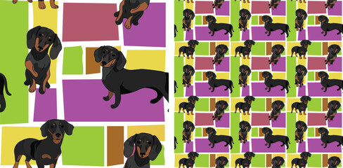 Doxie dog summer bright wallpaper. Holiday abstract shapes square seamless background, repeatable pattern. Birthday wallpaper, Christmas present, print tiles. Simple puzzle with dogs, for pet lovers. 