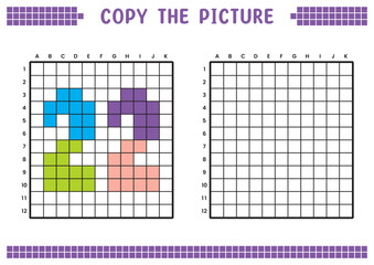 Fototapeta premium Copy the picture, complete the grid image. Educational worksheets drawing with squares, coloring cell areas. Preschool activities, children's games. Cartoon vector illustration, pixel art. Number 22.