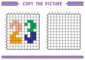 Fototapeta premium Copy the picture, complete the grid image. Educational worksheets drawing with squares, coloring cell areas. Preschool activities, children's games. Cartoon vector illustration, pixel art. Number 23.