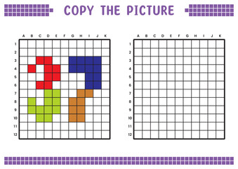 Copy the picture, complete the grid image. Educational worksheets drawing with squares, coloring cell areas. Preschool activities, children's games. Cartoon vector illustration, pixel art. Number 37.