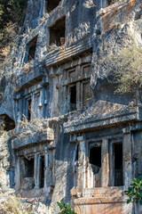 Rock king tombs, symbols of Fethiye city, Amyntas Rock Tombs, Mugla, Turkey.