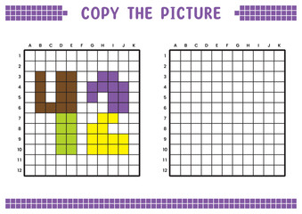 Fototapeta premium Copy the picture, complete the grid image. Educational worksheets drawing with squares, coloring cell areas. Preschool activities, children's games. Cartoon vector illustration, pixel art. Number 42.