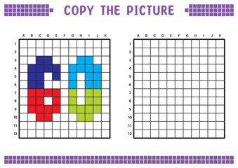 Copy the picture, complete the grid image. Educational worksheets drawing with squares, coloring cell areas. Preschool activities, children's games. Cartoon vector illustration, pixel art. Number 60.