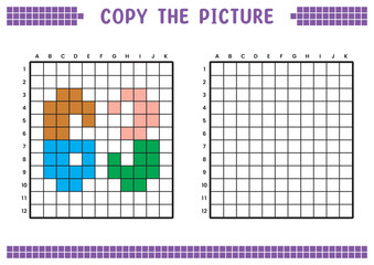 Fototapeta premium Copy the picture, complete the grid image. Educational worksheets drawing with squares, coloring cell areas. Preschool activities, children's games. Cartoon vector illustration, pixel art. Number 63.