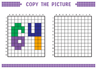 Copy the picture, complete the grid image. Educational worksheets drawing with squares, coloring cell areas. Preschool activities, children's games. Cartoon vector illustration, pixel art. Number 64.
